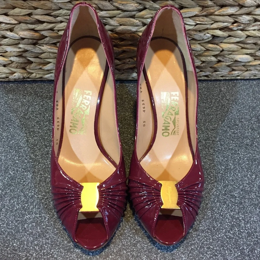 Salvatore Ferragamo Burgundy Patent Peep-Toe Heels with Gold Accent